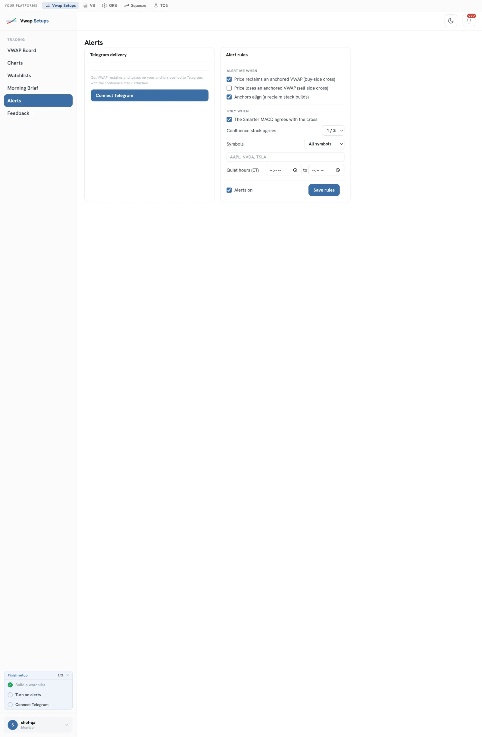 The alert rule builder with confluence filters and Telegram delivery